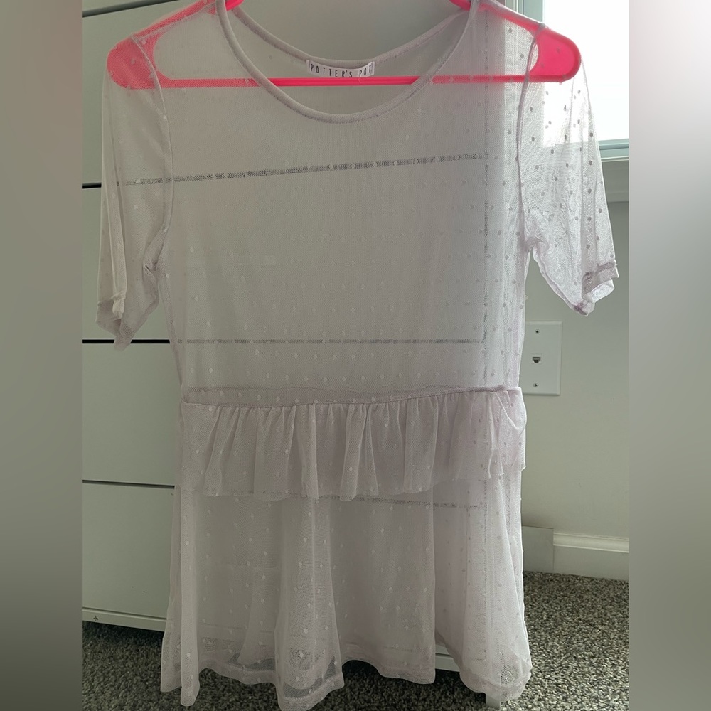 Mesh see though boutique top, lilac purple with detailed dots